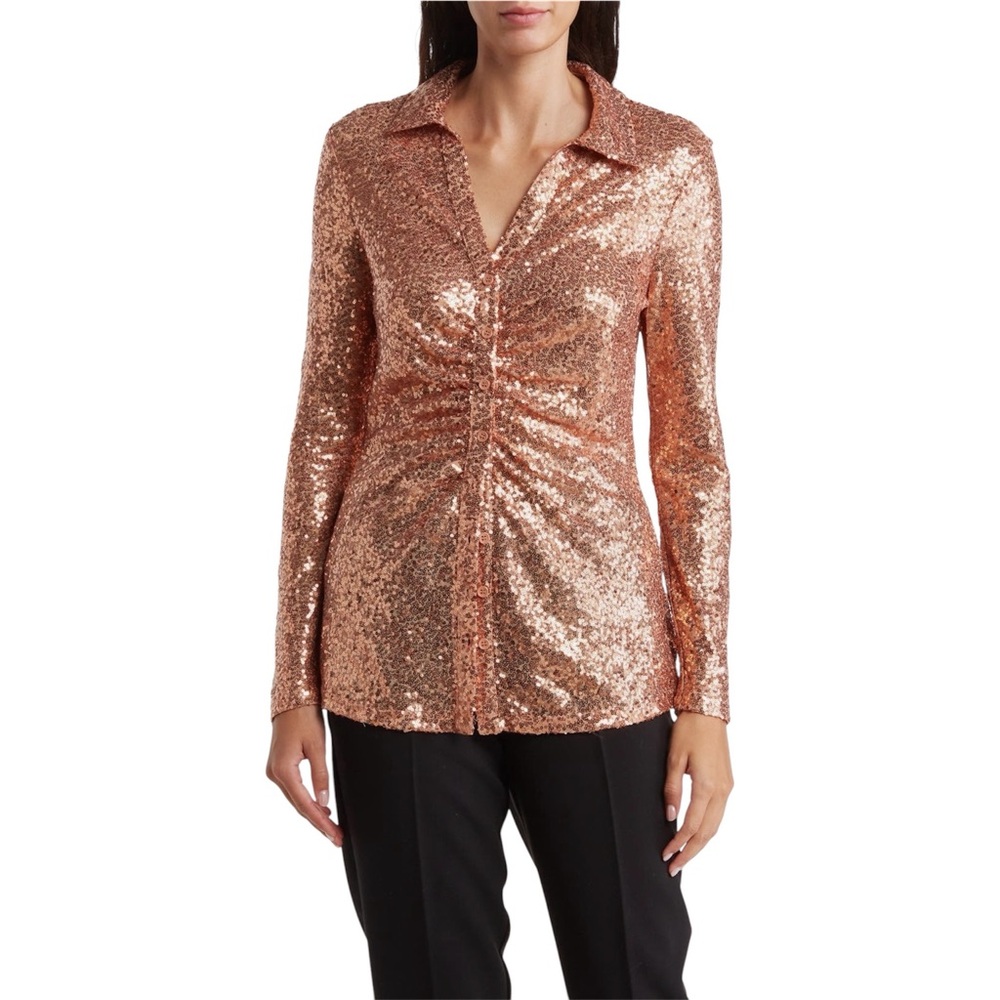 DR2 by Daniel Rain-Sequin Ruched Long Sleeved Button Up Shirt -in “Copper Rose”